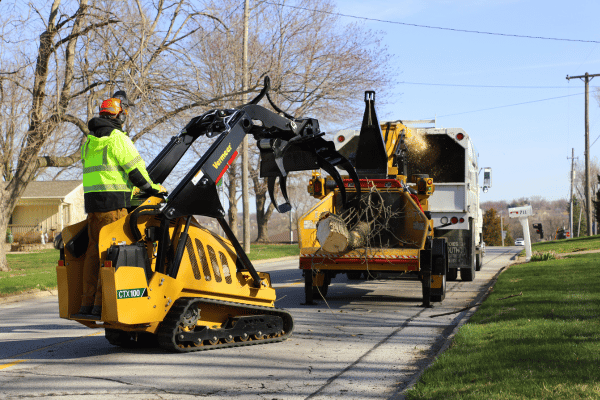 Vermeer Mini Skid Steer and Brush Chipper in action